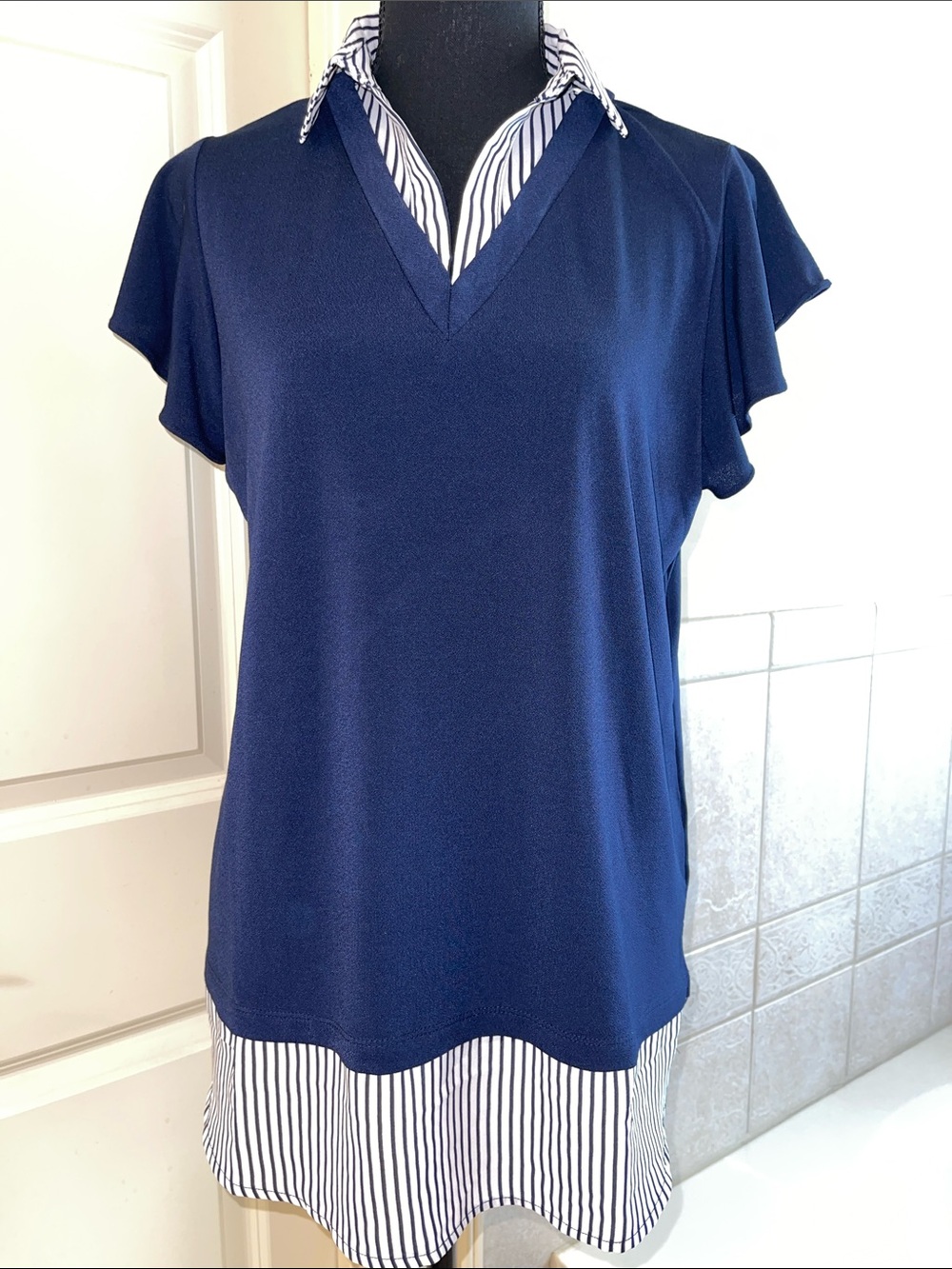 Adrianna Papell Navy Layered V-Neck Women’s Top with Stripe Hem
